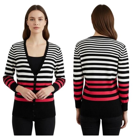 Maurices Sweaters - Maurices Women’s White Red Black Striped 3/4 Sleeve Cardigan Sweater Size Medium